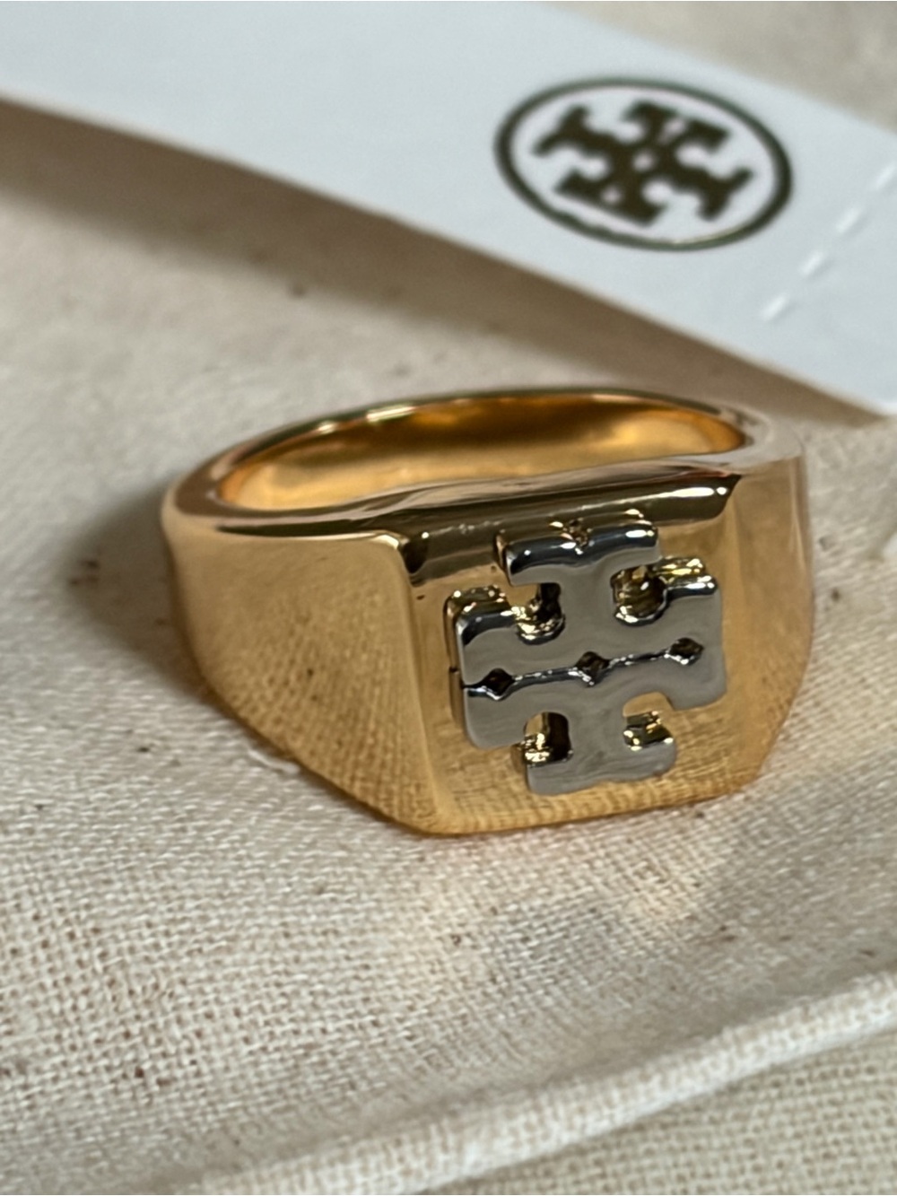 Tory Burch Two-Tone Logo Signet Ring 7